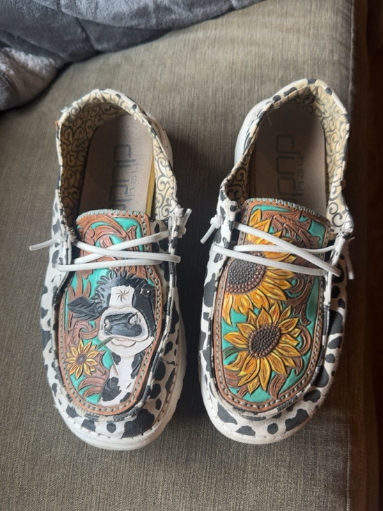 Hey Dude Shoes - Hey Dude White Cow Print Casual Shoes with Turquoise and Yellow Artwork
